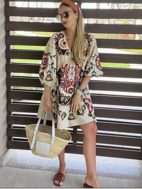 ZARA Embroidered Linen Mini Blend Dress Floral 5107/045 Bloggers Rare XL